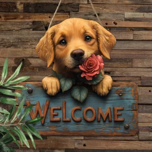 Drewniana tabliczka z psem golden retriever Biały