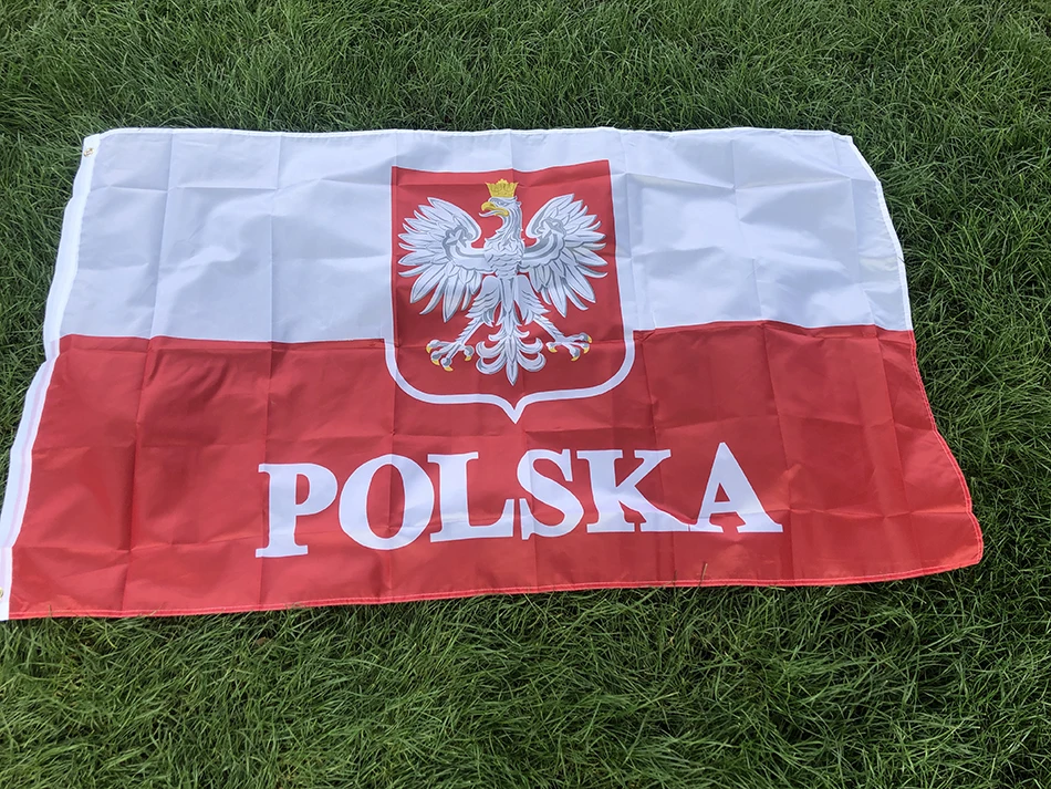 Flaga Polski z orłem dekoracyjna Niebiesko biały paska