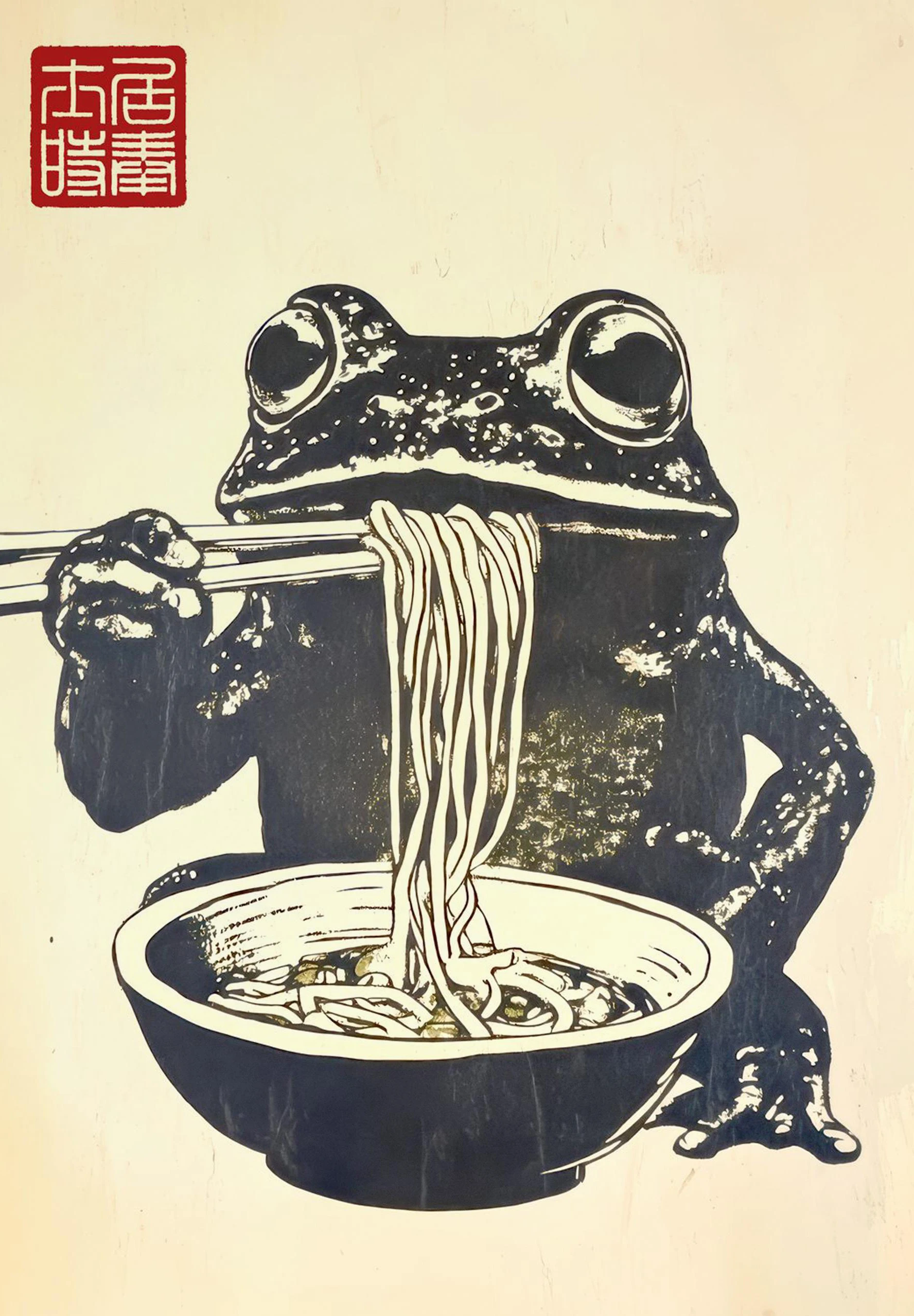 Japoński plakat z kotem i żurawiami Biały