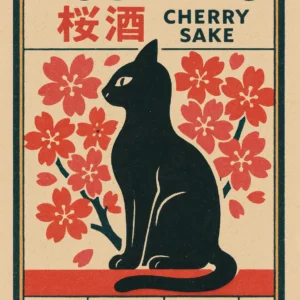 Japoński plakat z kotem i żurawiami Ciemny szary
