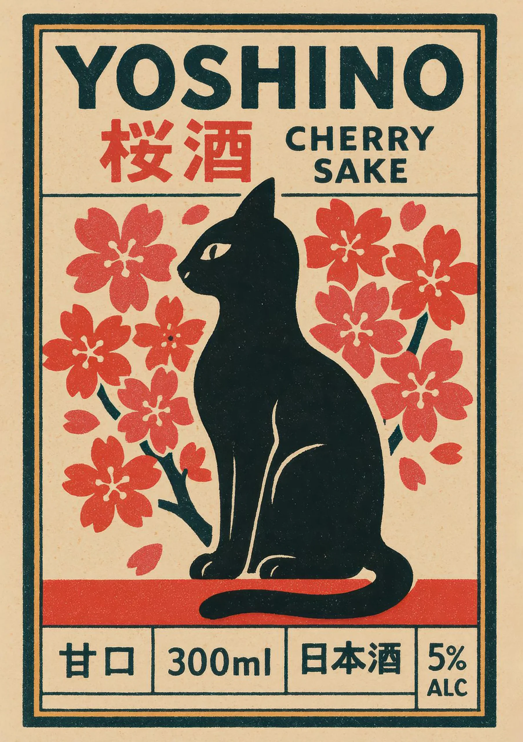 Japoński plakat z kotem i żurawiami Ciemny szary