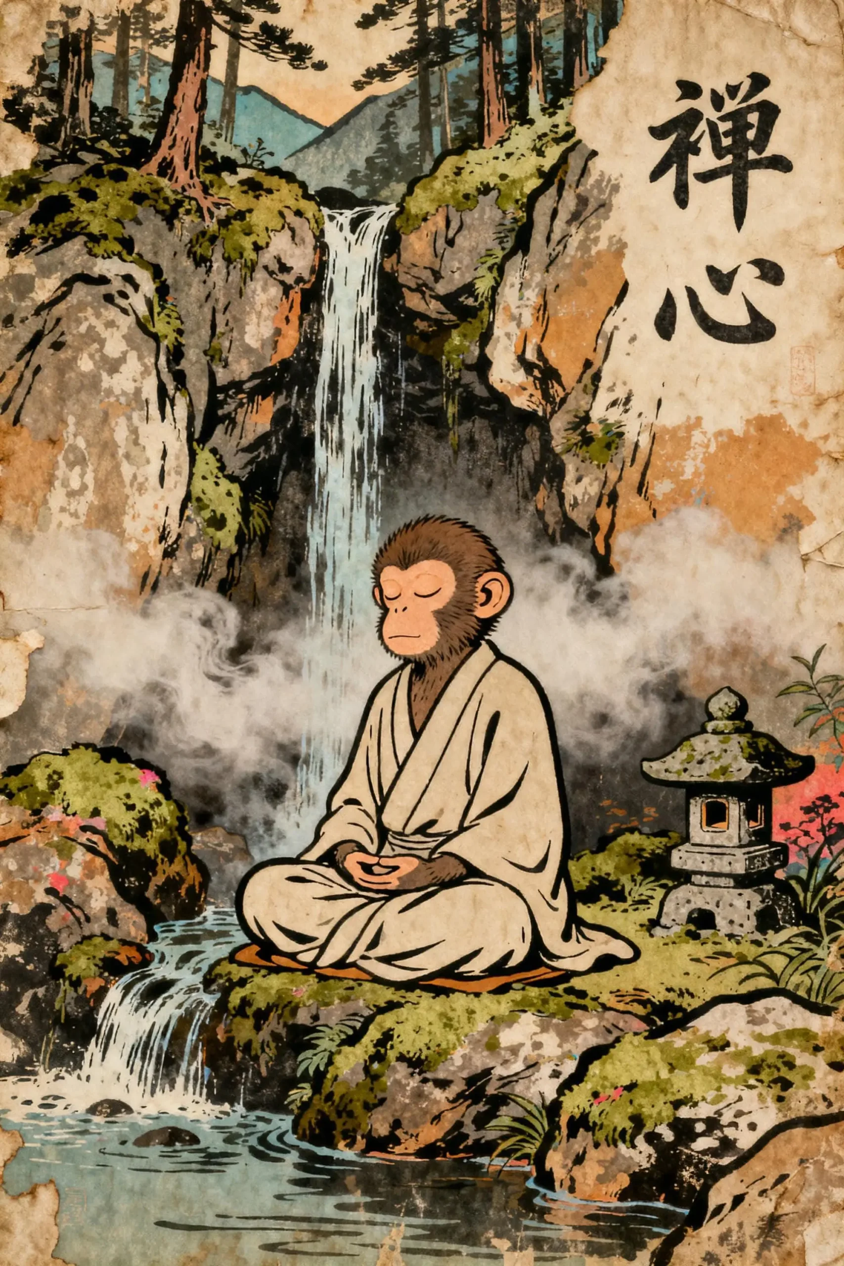 Japoński plakat ze zwierzętami w stylu Ukiyo-e Brązowy