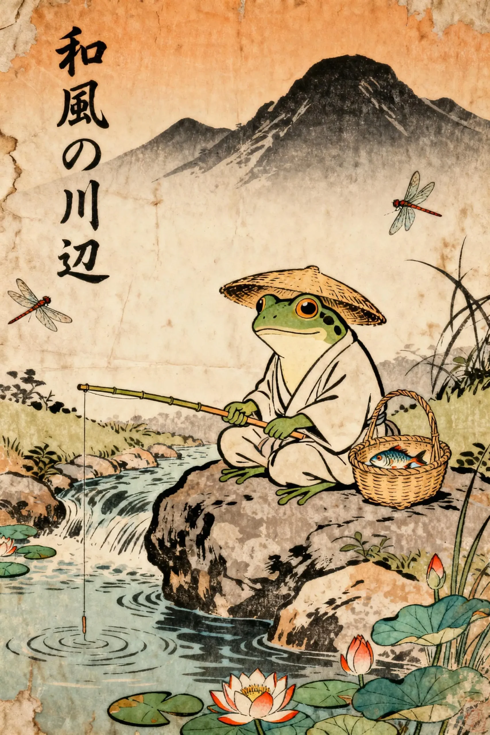 Japoński plakat ze zwierzętami w stylu Ukiyo-e Burgundia