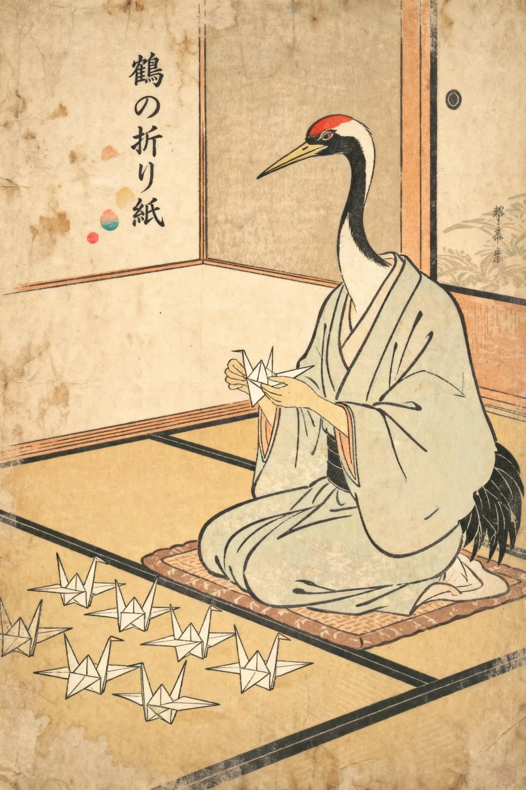 Japoński plakat ze zwierzętami w stylu Ukiyo-e Czerwony