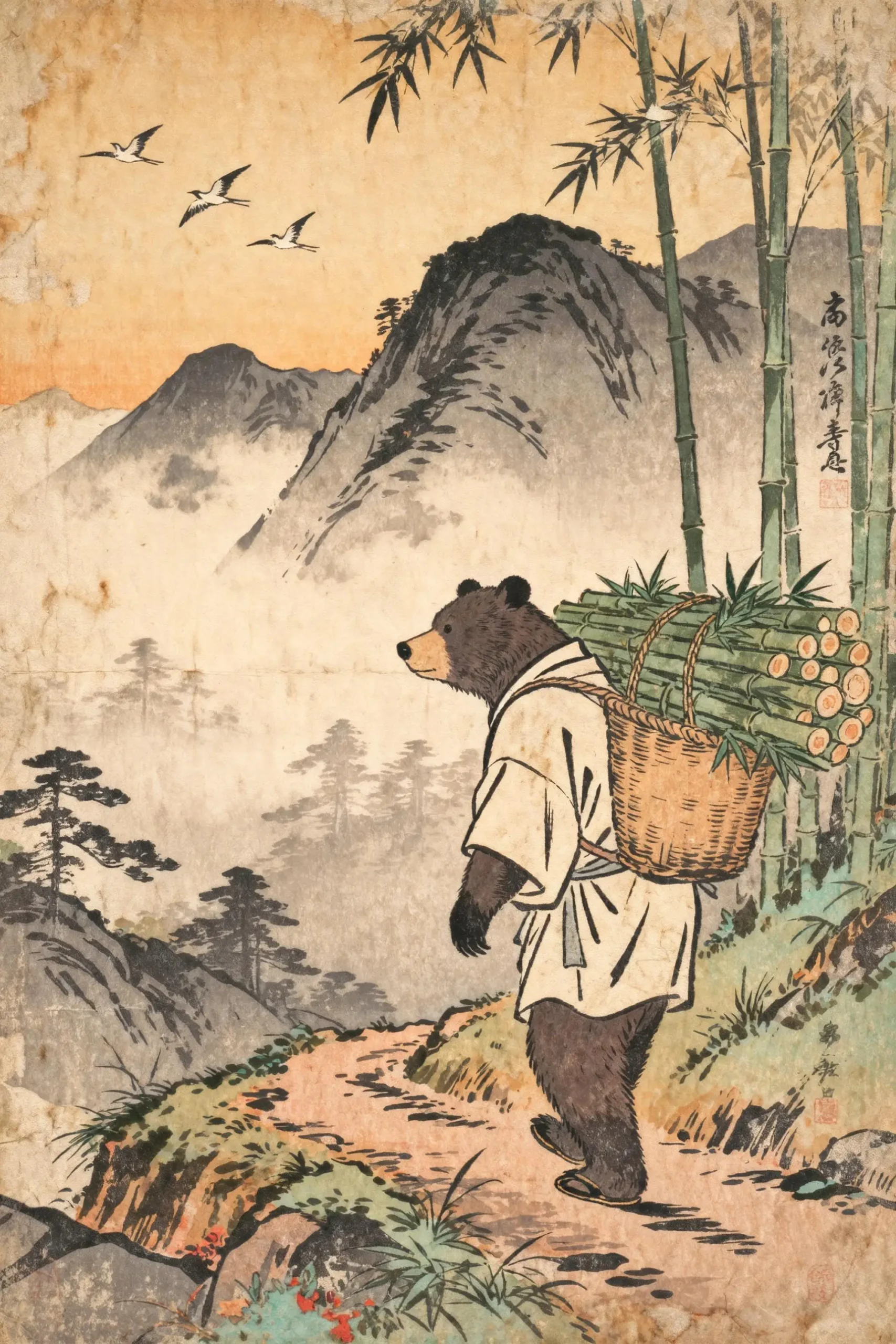 Japoński plakat ze zwierzętami w stylu Ukiyo-e Fioletowy