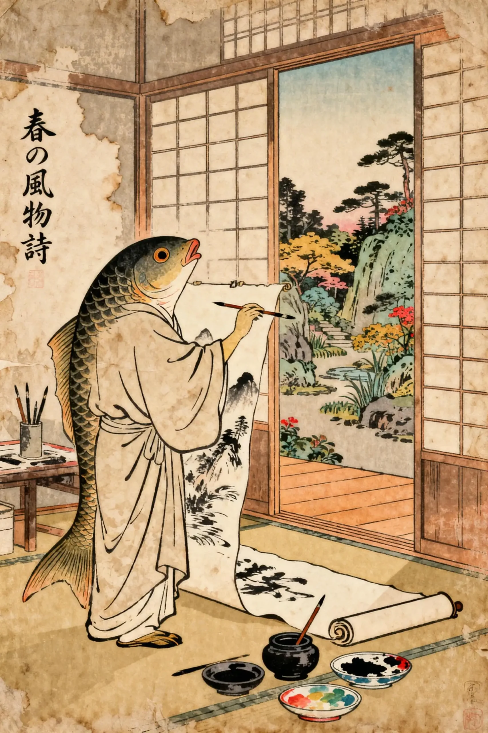 Japoński plakat ze zwierzętami w stylu Ukiyo-e Granatowy