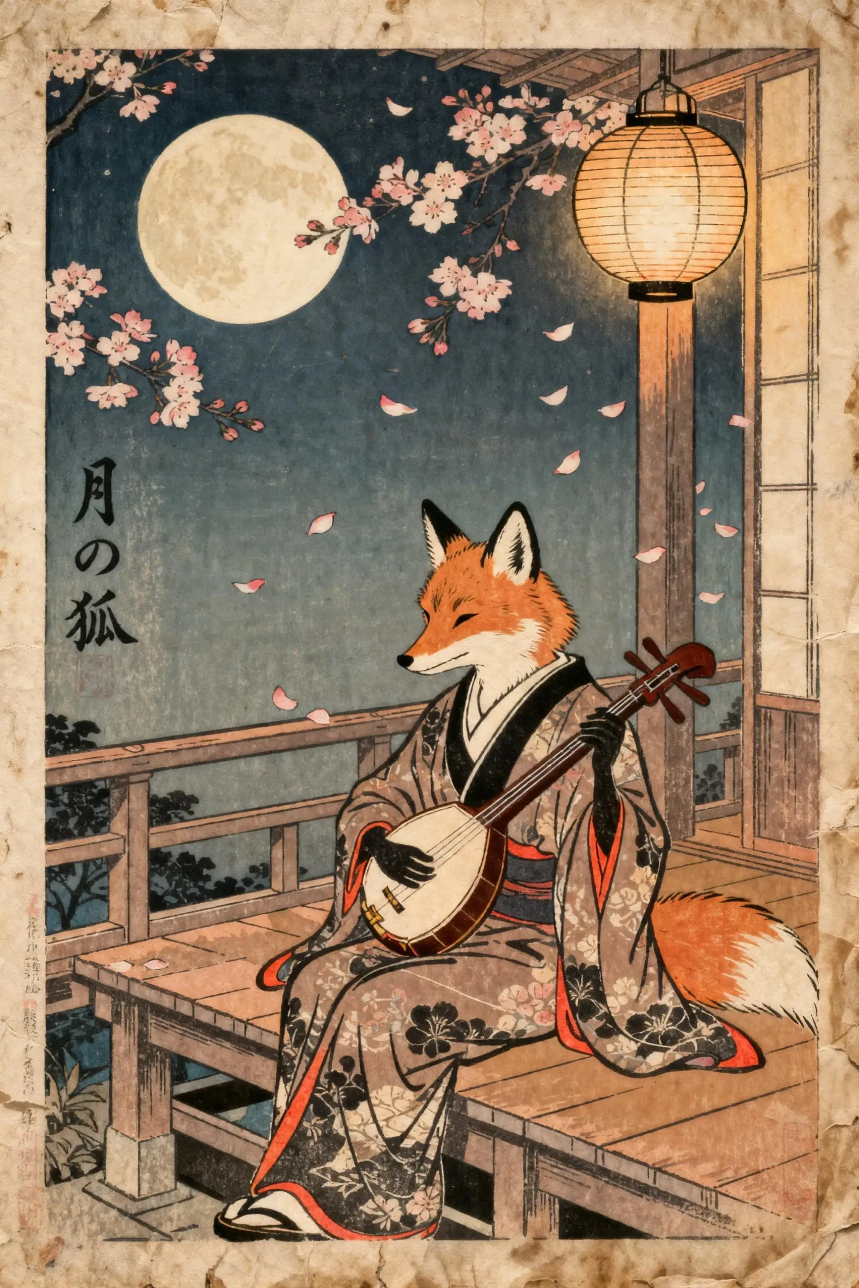 Japoński plakat ze zwierzętami w stylu Ukiyo-e Jasnoszary