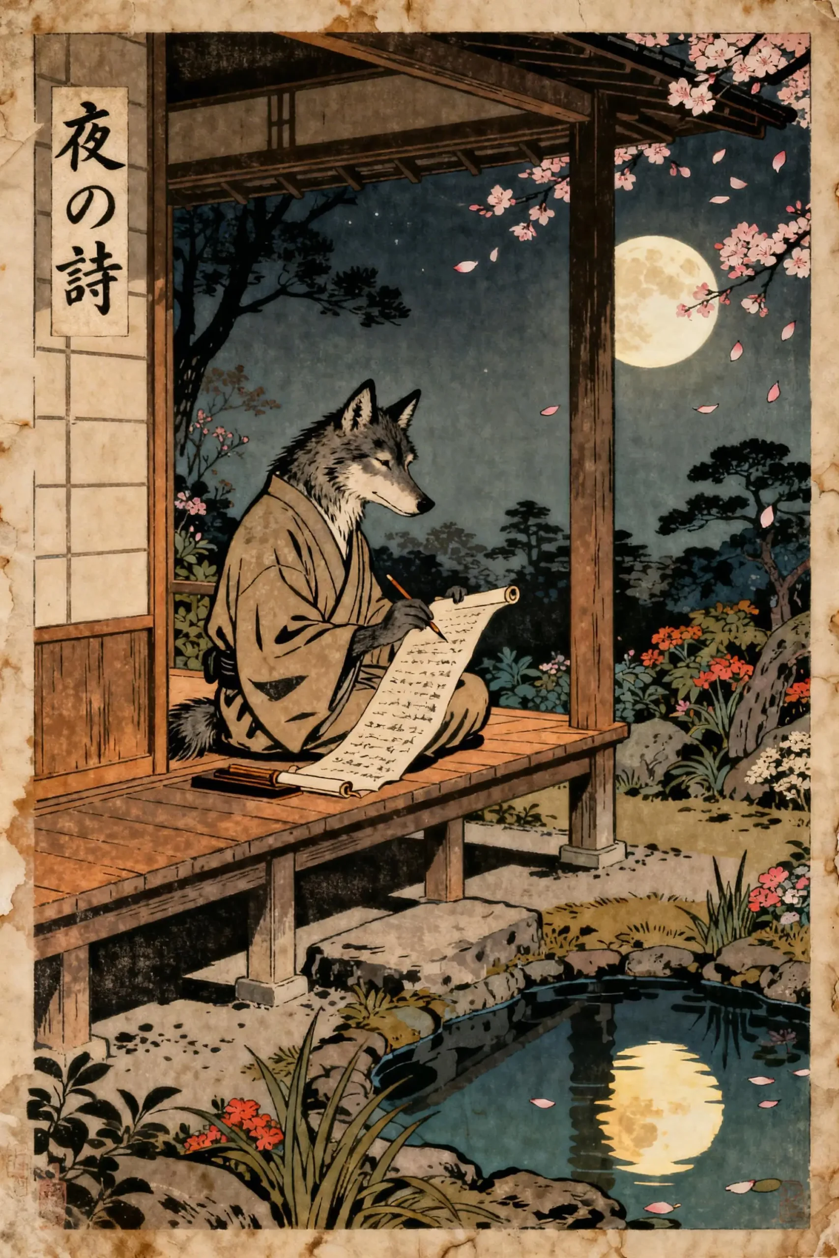 Japoński plakat ze zwierzętami w stylu Ukiyo-e Jasny