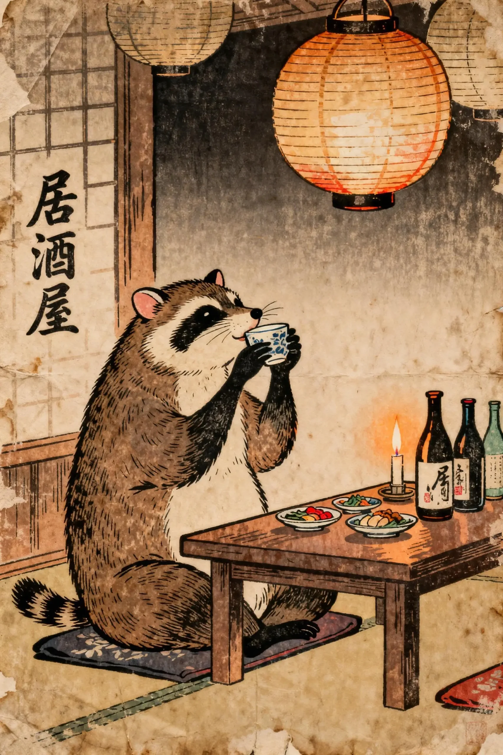 Japoński plakat ze zwierzętami w stylu Ukiyo-e Niebieski