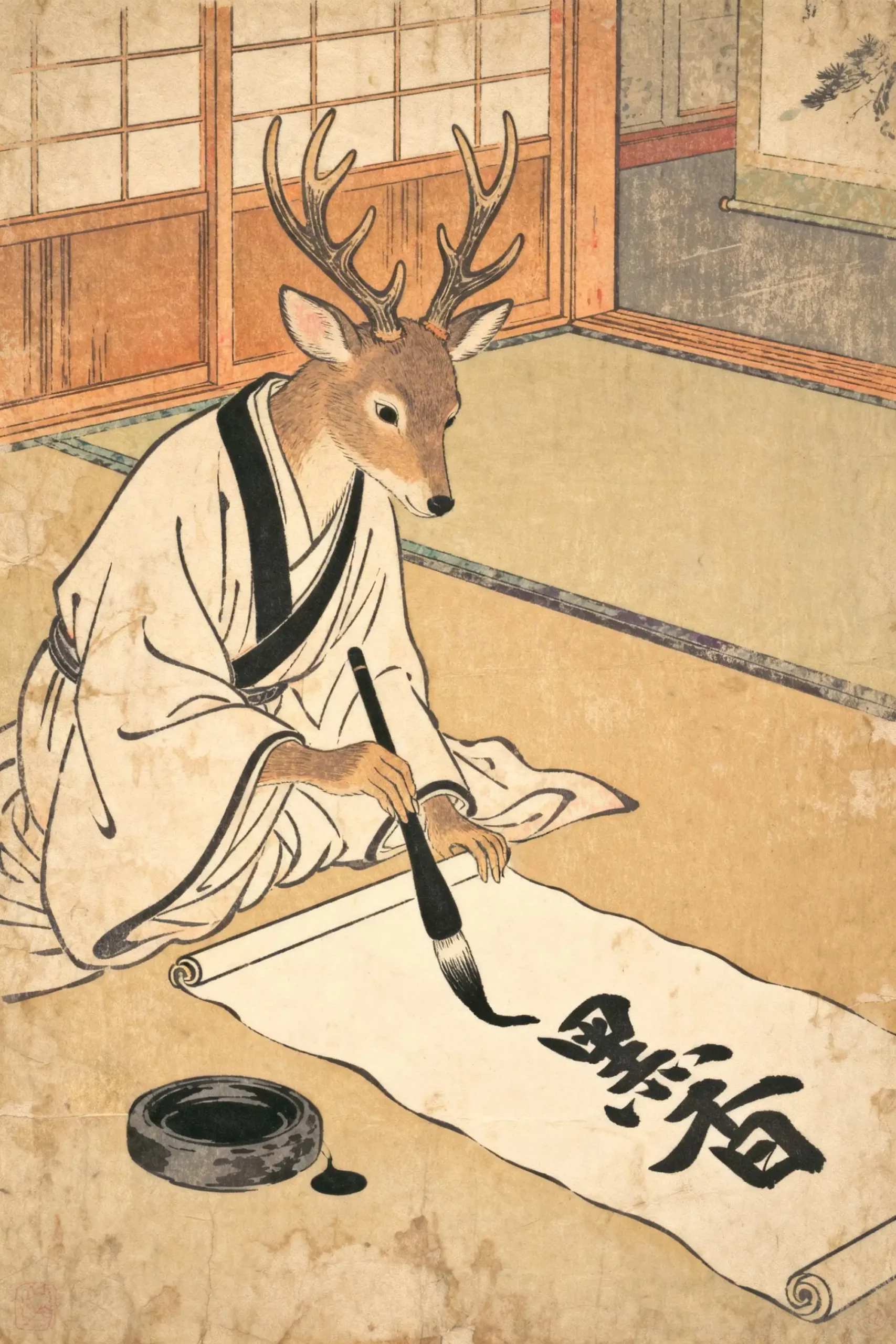 Japoński plakat ze zwierzętami w stylu Ukiyo-e Wielo