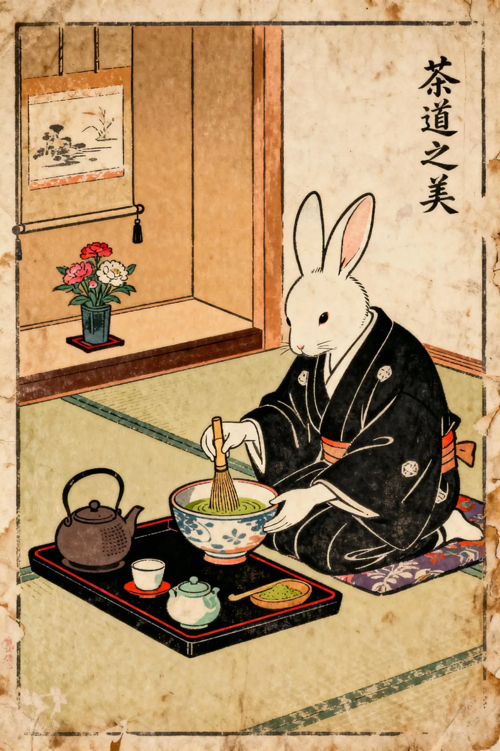 Japoński plakat ze zwierzętami w stylu Ukiyo-e Zielony