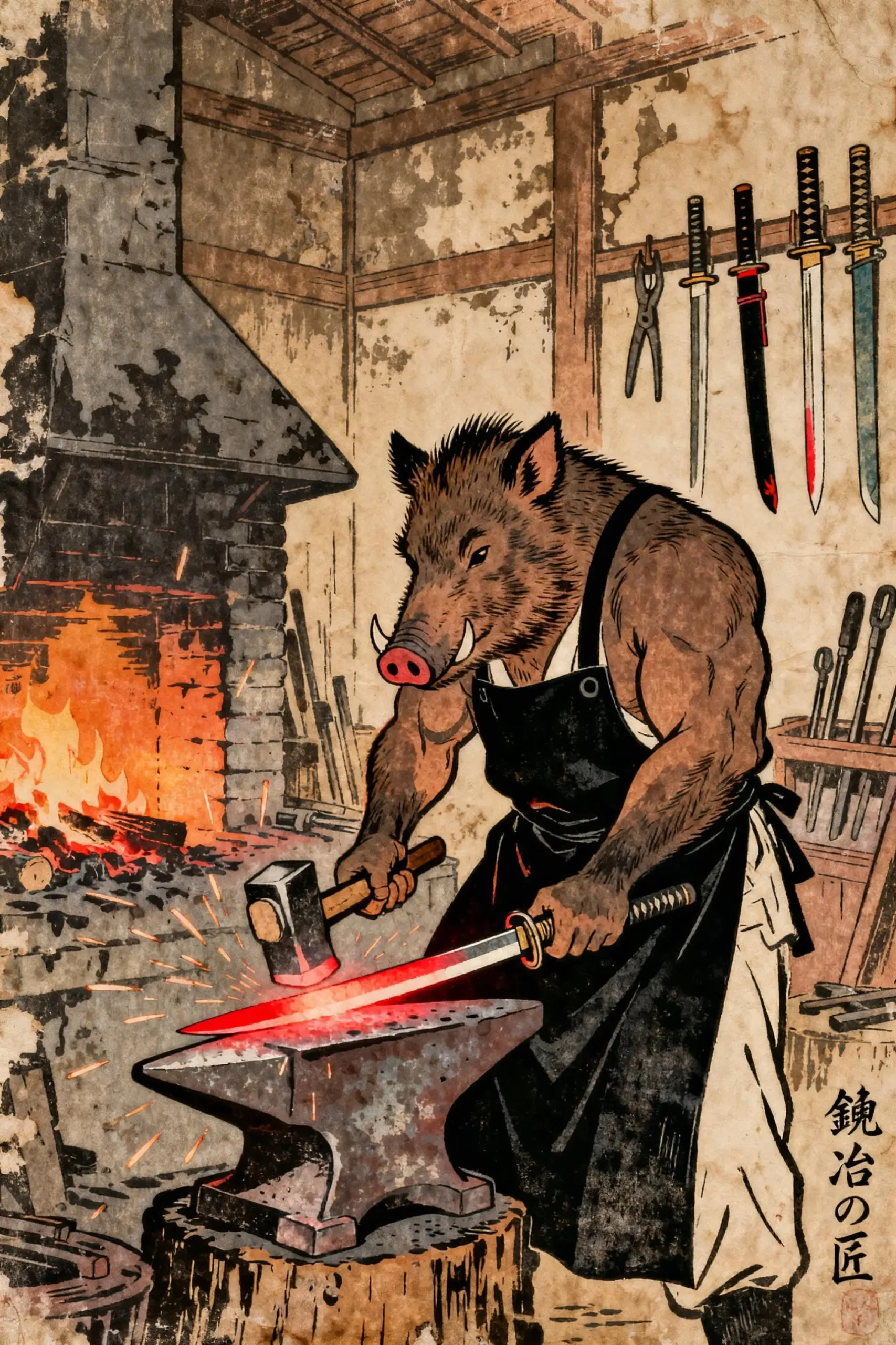 Japoński plakat ze zwierzętami w stylu Ukiyo-e żółty