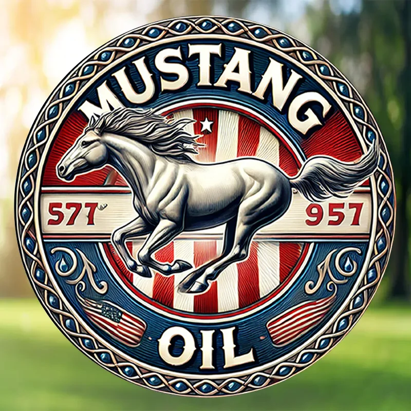 Okrągła metalowa tabliczka Mustang Oil w stylu retro Czarny