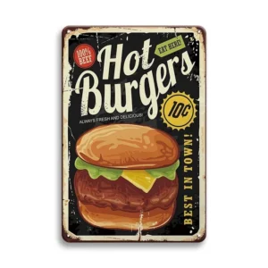 Metalowy plakat do kuchni z hot dogiem i burgerem Burgundia