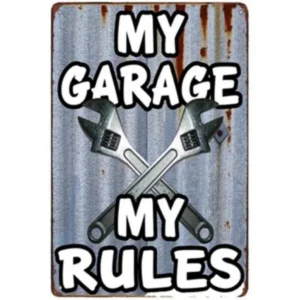 Metalowy plakat My Garage My Rules vintage Magenta
