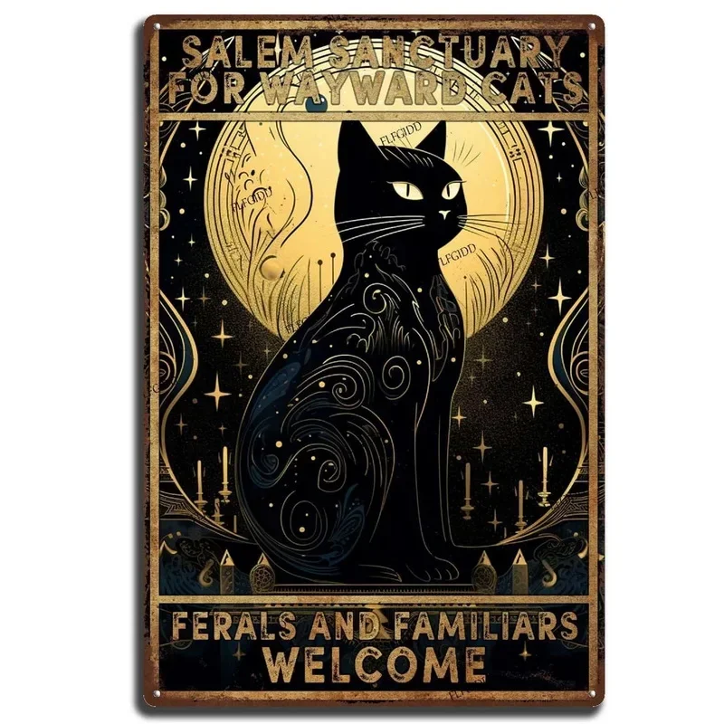 Metalowy plakat retro z kotem i kawą Złoty