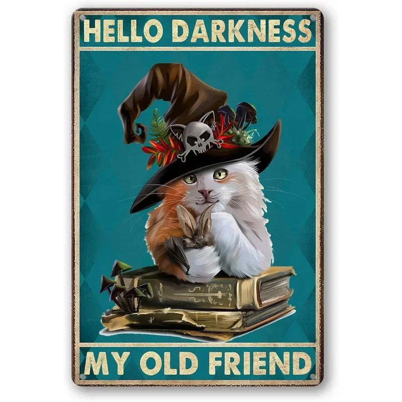Metalowy plakat retro z kotem i kawą Jasny róż