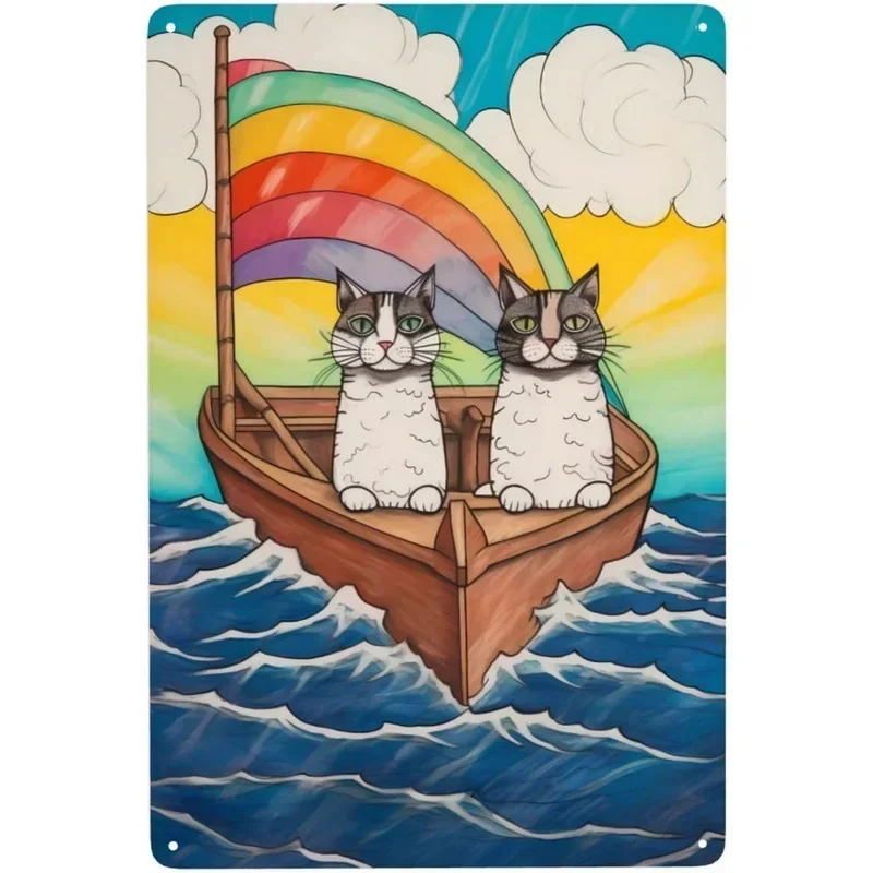 Metalowy plakat retro z kotem i kawą Magenta