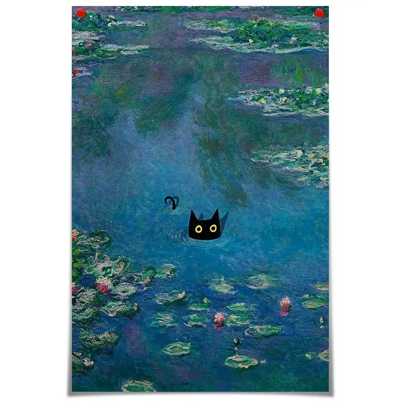 Metalowy plakat retro z kotem i kawą Różowe złoto
