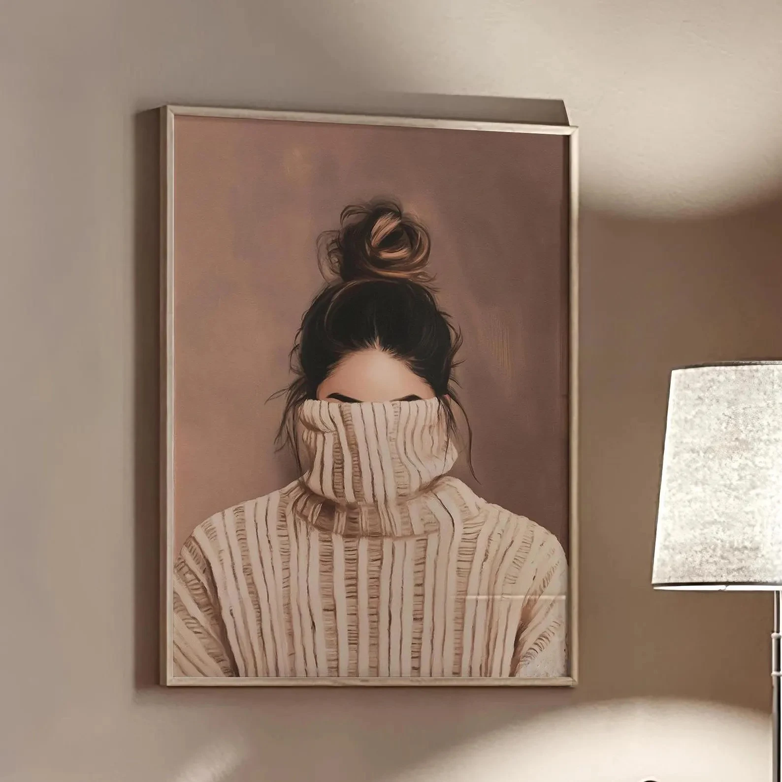 Plakat abstrakcyjny - kobieca postać z kwiatem w stylu japandi Brązowy