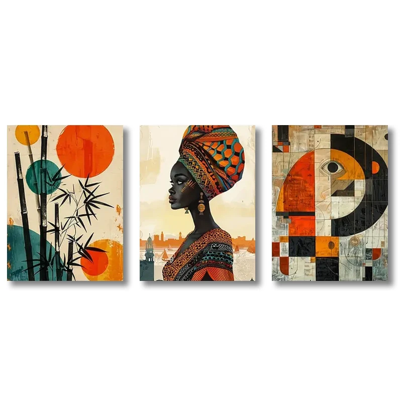 Plakat Afrykański Tryptyk Boho z Kobietą Wzór 4