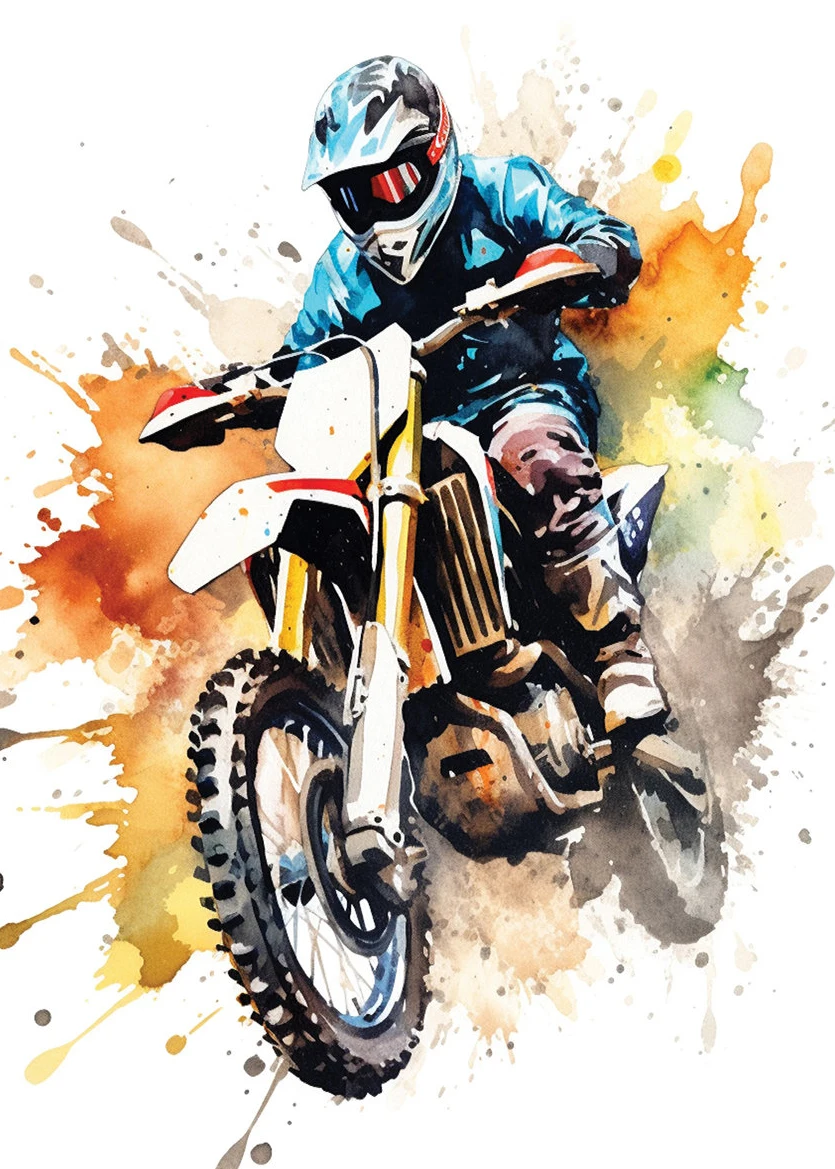 Akwarelowy plakat z motocyklem motocross Burgundia