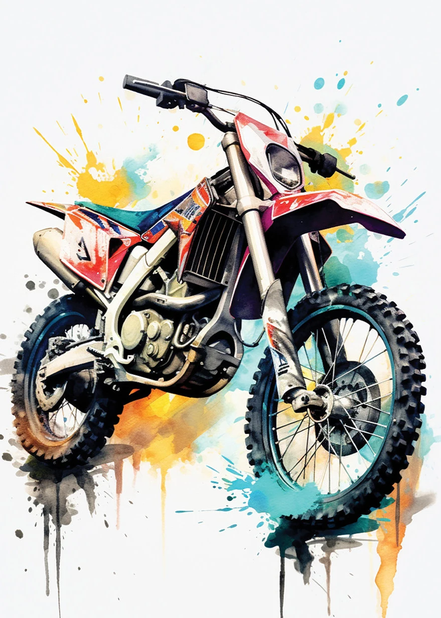 Akwarelowy plakat z motocyklem motocross Jasnoszary