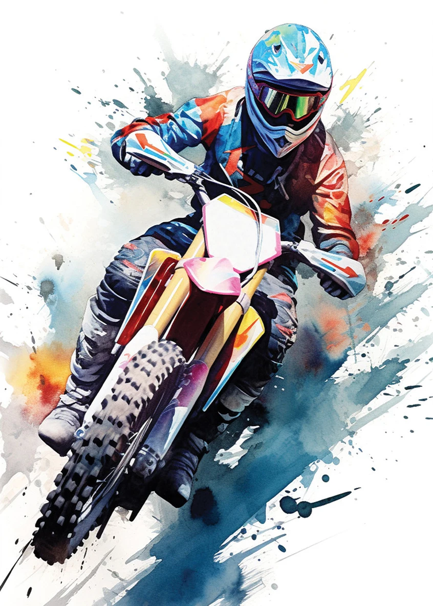 Akwarelowy plakat z motocyklem motocross Niebieski
