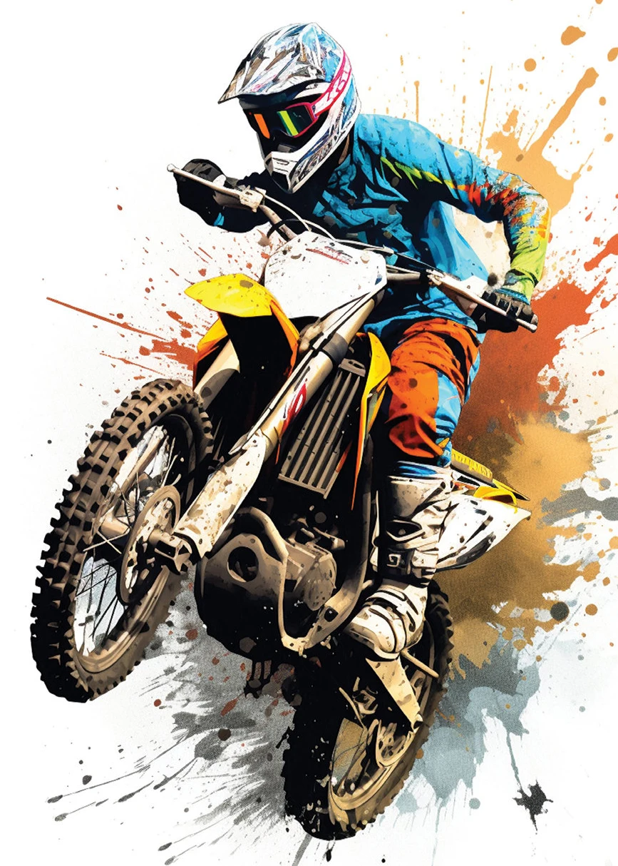 Akwarelowy plakat z motocyklem motocross Zielony