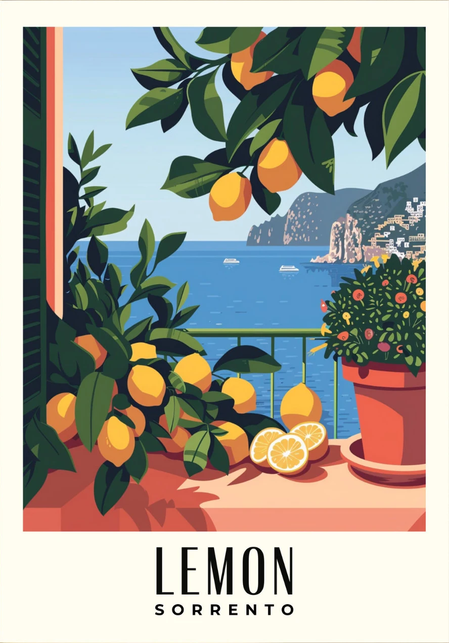 Amalfi i cytryny - plakat śródziemnomorski Fioletowy