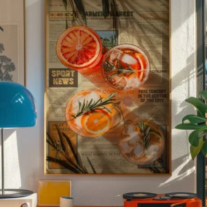 Plakat Amore zielony w paski z kielichem i pieprzem żółty