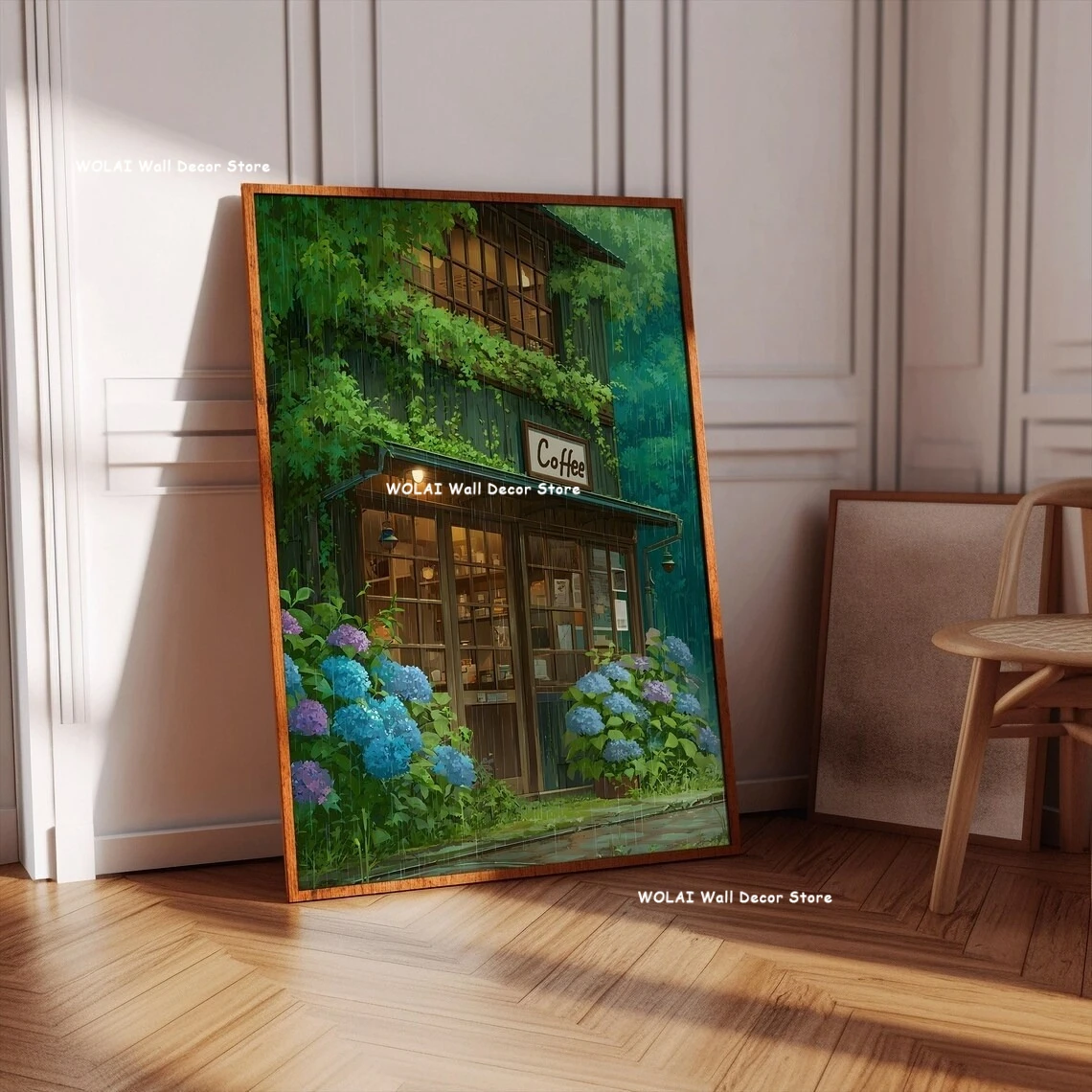 Plakat anime - kawiarnia i rower w stylu Ghibli Khaki