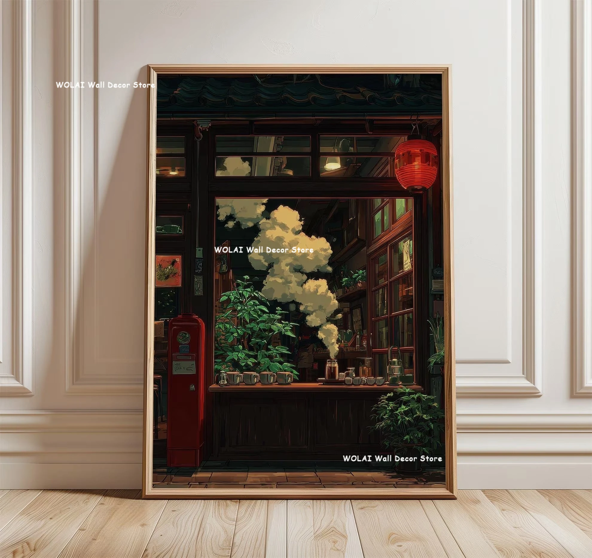Plakat anime - kawiarnia i rower w stylu Ghibli Różowy