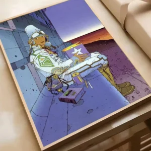 Plakat z grafiką anime i komiksu w stylu retro Hei 3
