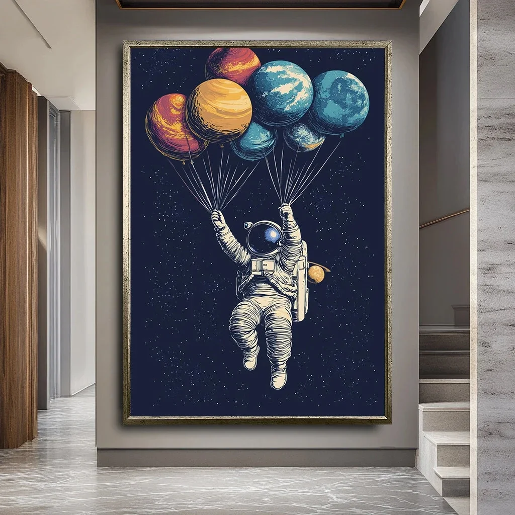 Plakat astronauta i Układ Słoneczny - grafika kosmos retro Wzór 2