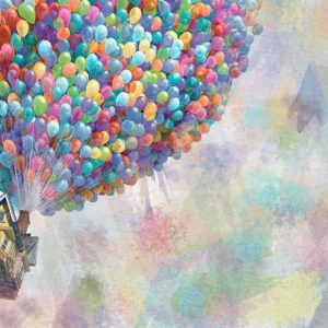 Plakat akwarelowy balon i domek na niebie Biały