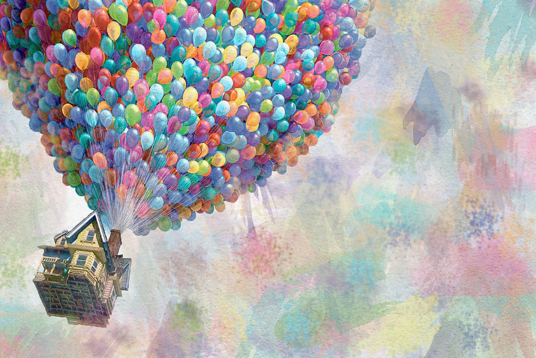 Plakat akwarelowy balon i domek na niebie Biały