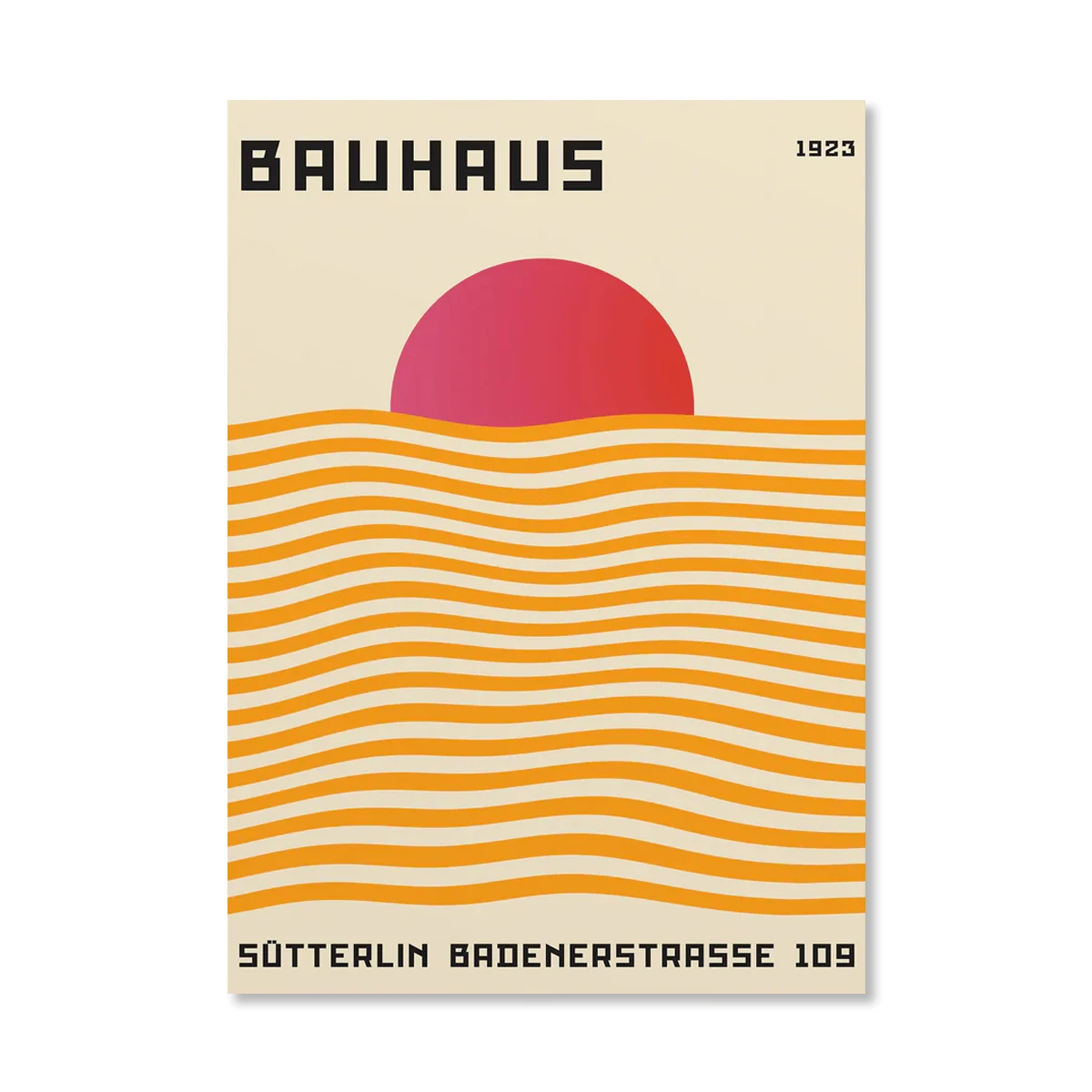 Pomarańczowy plakat Bauhaus - wschód słońca i rower Wzór 2