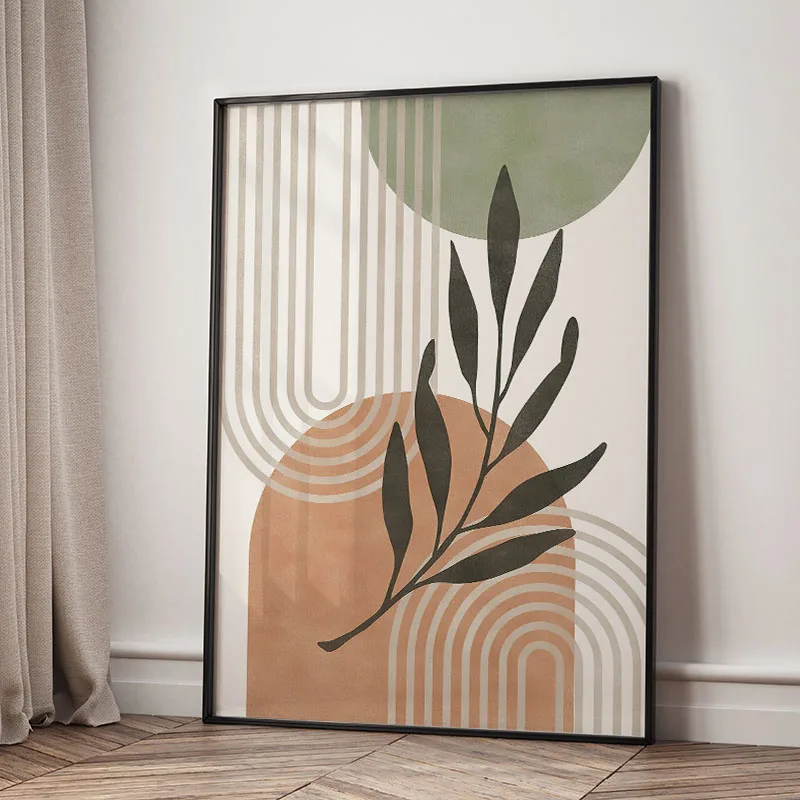 Plakat boho z liśćmi, słońcem i tęczą Wzór 1