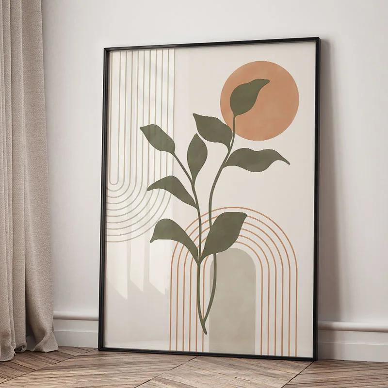 Plakat boho z liśćmi, słońcem i tęczą Wzór 2