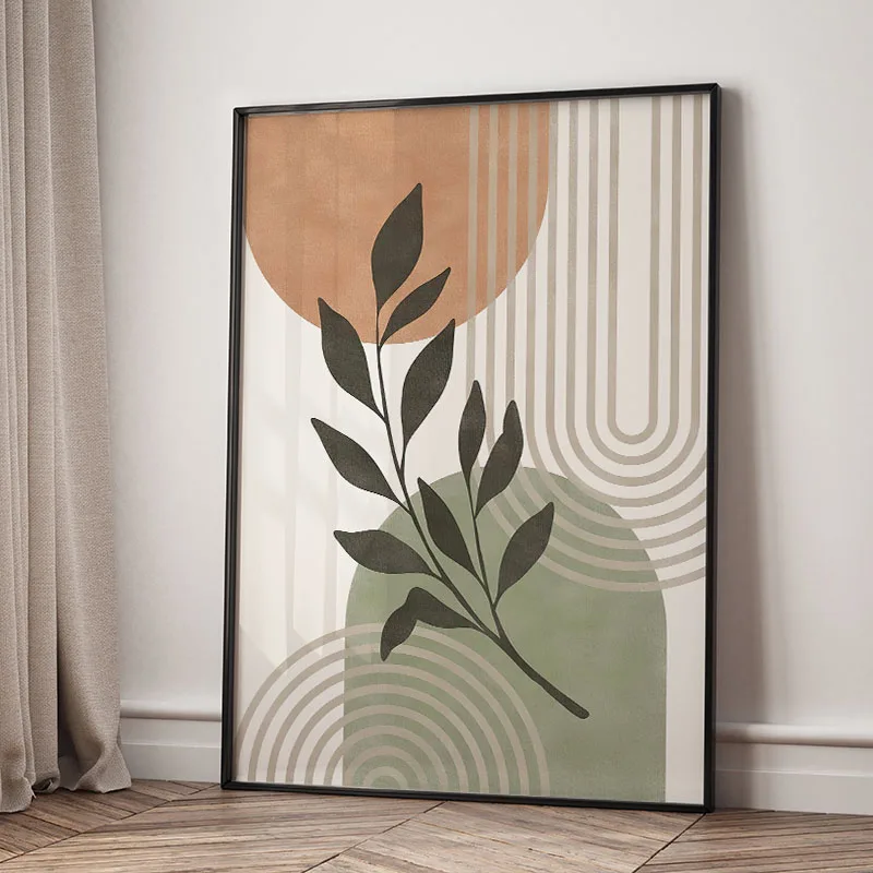 Plakat boho z liśćmi, słońcem i tęczą Wzór 6