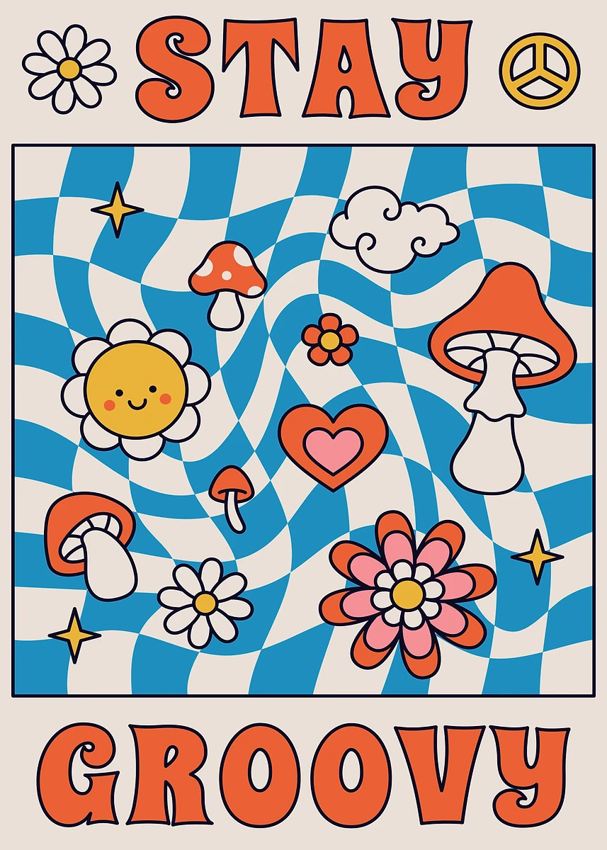 Plakat boho hippie kwiaty retro Czarny