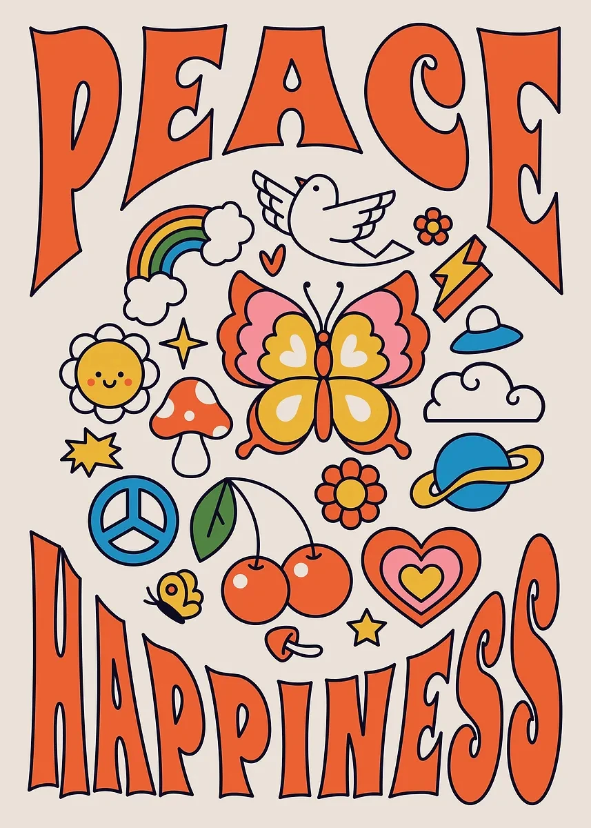 Plakat boho hippie kwiaty retro Fioletowy/фиолетовый