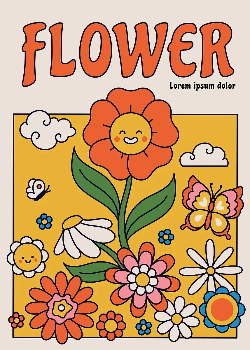Plakat boho hippie kwiaty retro Granatowy