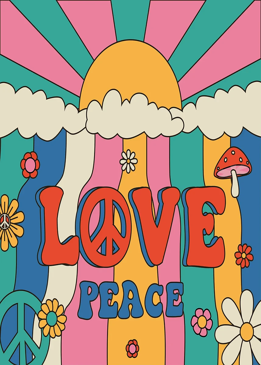 Plakat boho hippie kwiaty retro Jasnoszary