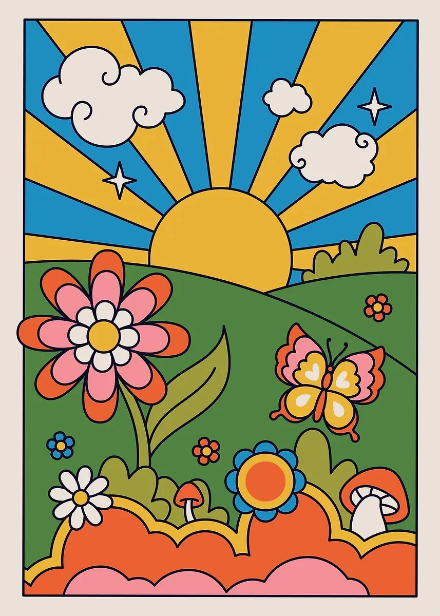 Plakat boho hippie kwiaty retro Niebieski