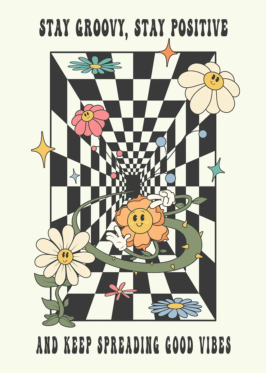Plakat boho hippie kwiaty retro Zielony
