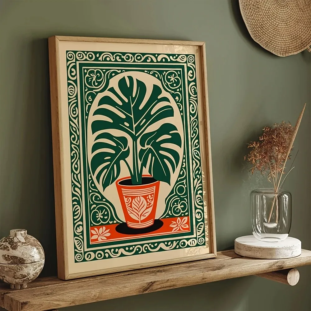Plakat boho z monsterą - tropikalny liść retro żółty