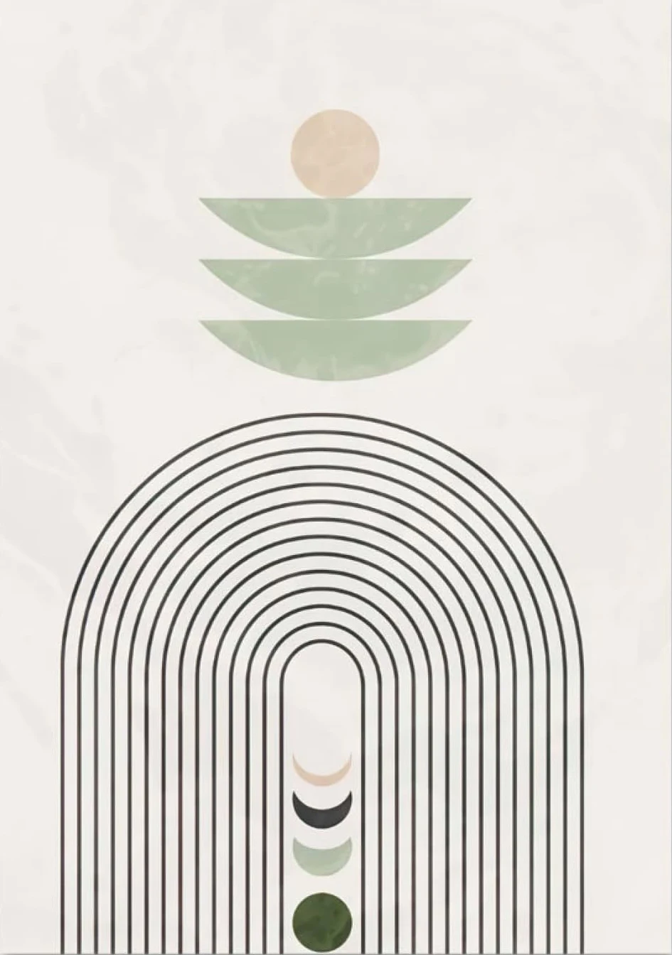 Plakat boho szałwiowa zieleń rośliny i geometria Fioletowy