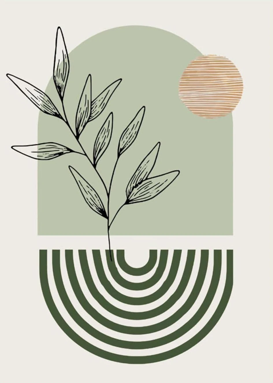Plakat boho szałwiowa zieleń rośliny i geometria Jasnoszary